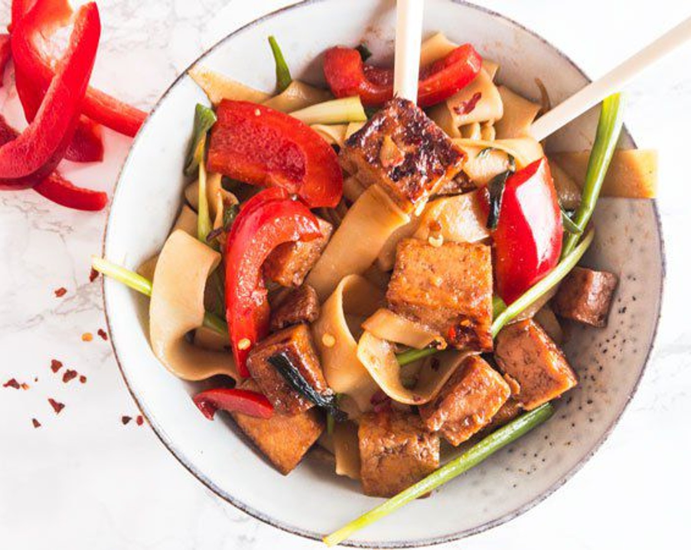 step 5 Add Pappardelle Pasta (6) to tofu and veggies. Stir sauce again and drizzle over the noodles mixture and stir well. Enjoy!