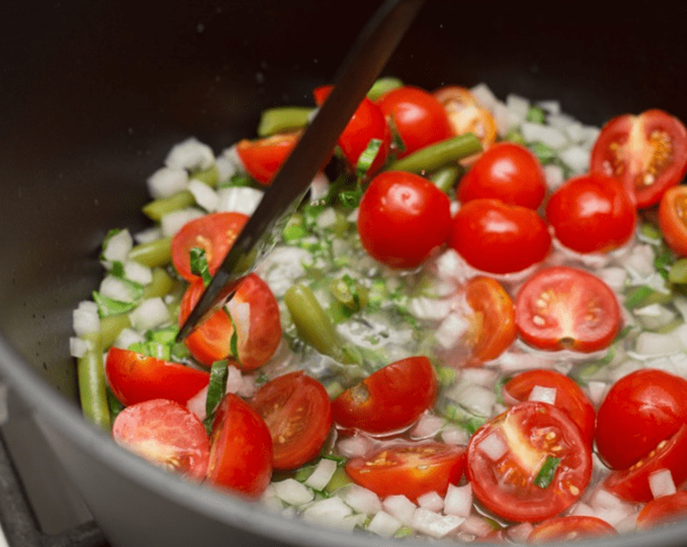 step 7 When timer sounds add 1 cup diced onion, tomatoes, Olive Oil (1 Tbsp) and Salt (1/4 tsp) to green bean pot. If necessary add water to the pot to keep vegetables just covered in liquid.