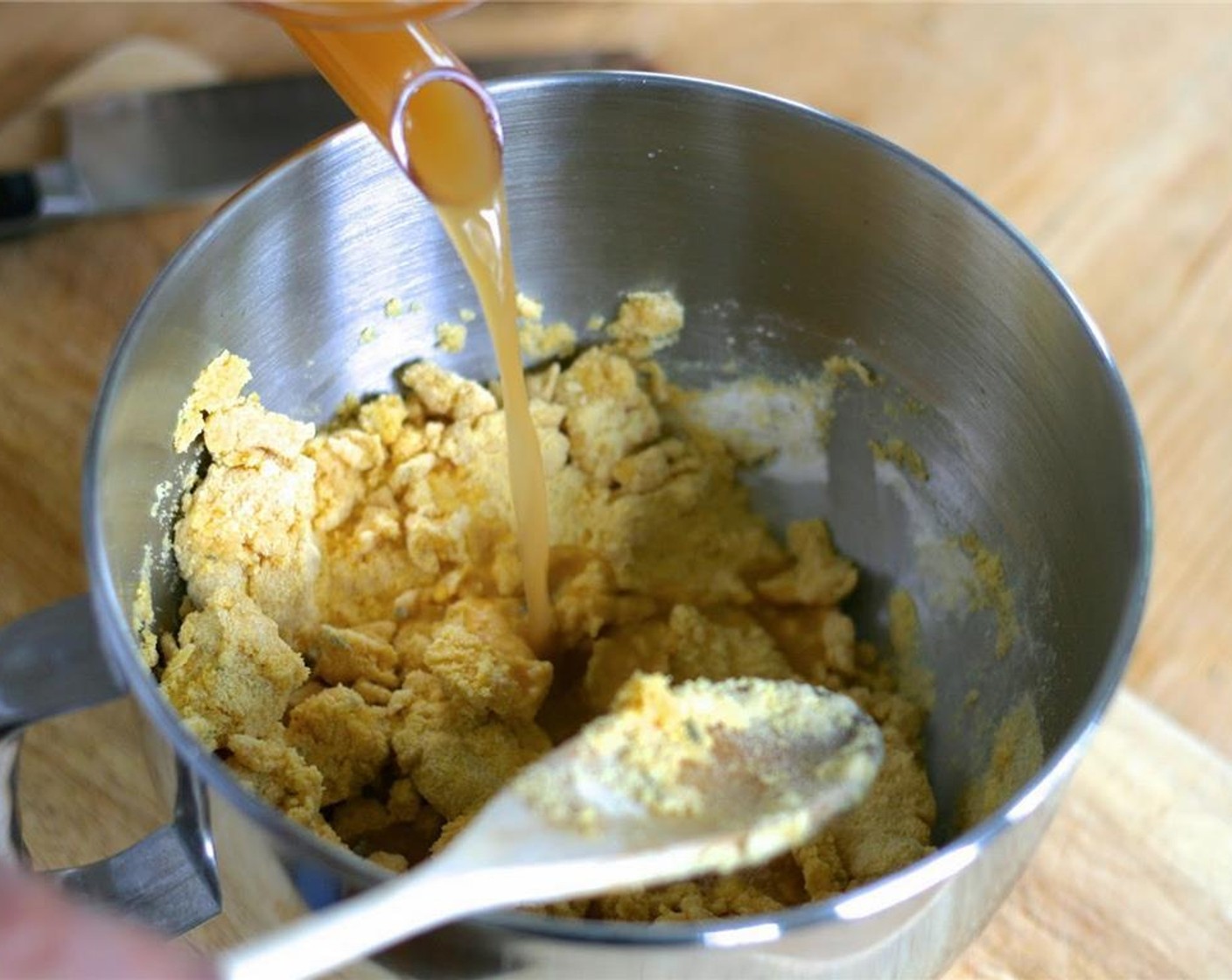 step 3 In a large measuring cup combine melted Coconut Oil (1 cup), warm Chicken Broth (3 cups) and Adobo Sauce (2 1/2 Tbsp). Slowly pour in warm liquid, stirring constantly until a soft dough forms. Cover and set aside until ready to use.