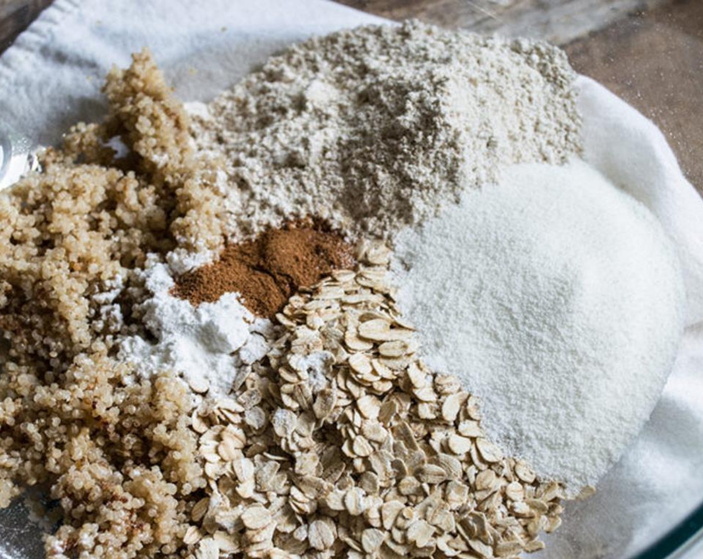 step 3 Add the processed oats, Oat Flour (1 cup), cooled Quinoa (1 cup), Baking Powder (1 tsp), Ground Cinnamon (1 tsp), and Vital Protein Marine Collagen (1/3 cup) to large bowl, stir until well blended.