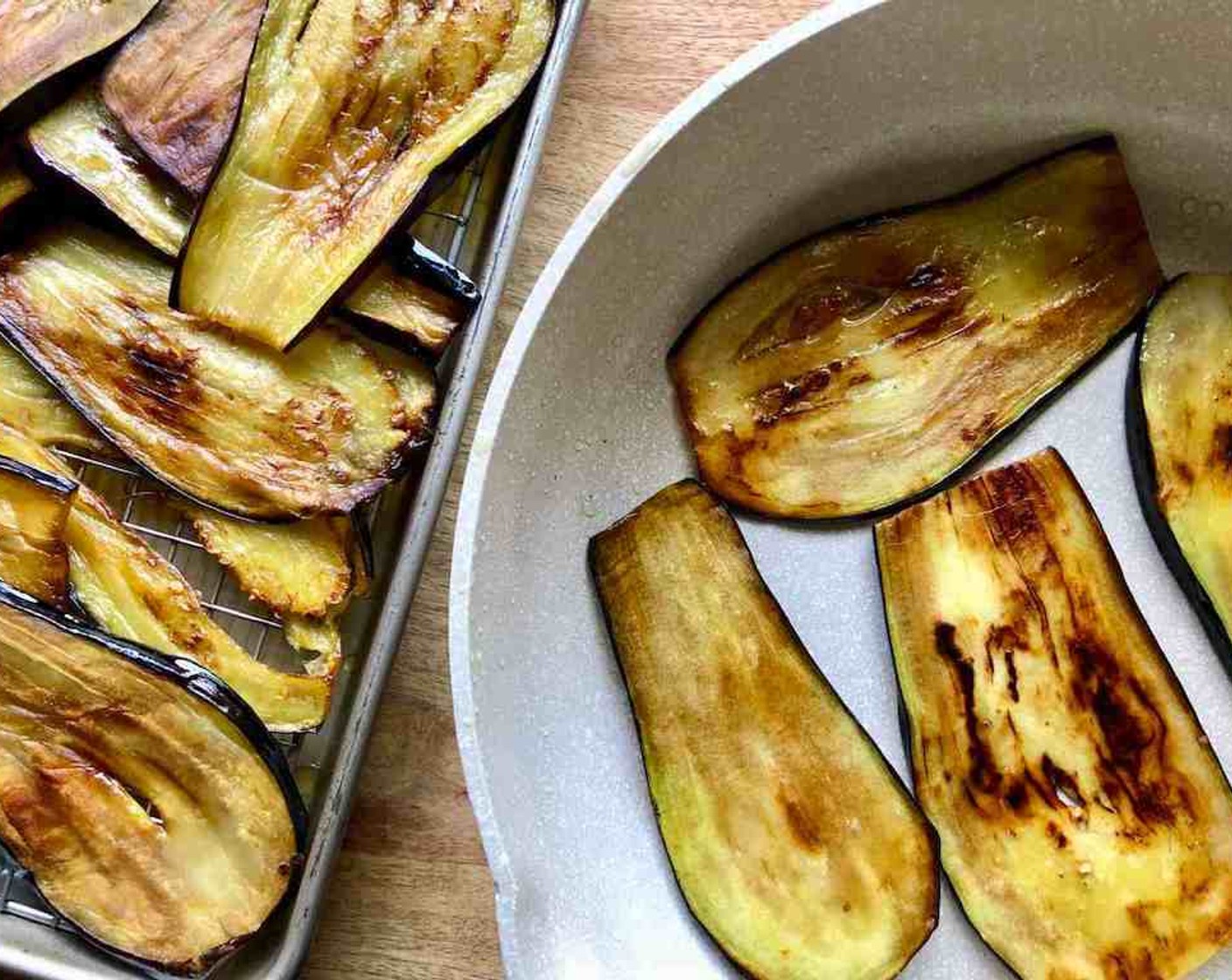 step 6 As you proceed, you may want to place the finished slices on a rack over a pan or on some paper towels to absorb the excess oil. Repeat with the remaining eggplant, adding more oil to the skillet if needed.