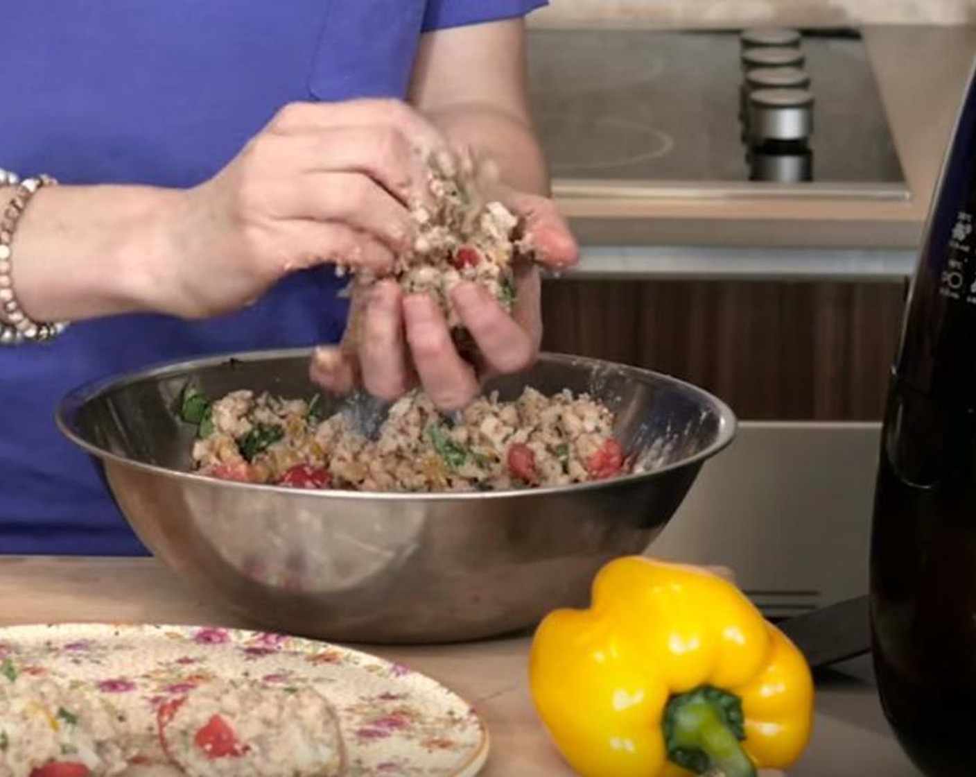 step 1 In a bowl, combine Sun-Dried Tomatoes (4), Fresh Parsley (2 Tbsp), Fresh Basil (2 Tbsp), Extra-Virgin Olive Oil (2 Tbsp), Bell Pepper (1/4 cup), Garlic (1 clove), Great Northern Beans (1 can), White Onion (1/2), Ground Flaxseed (2 Tbsp), Egg (1), and mix together with your hands.