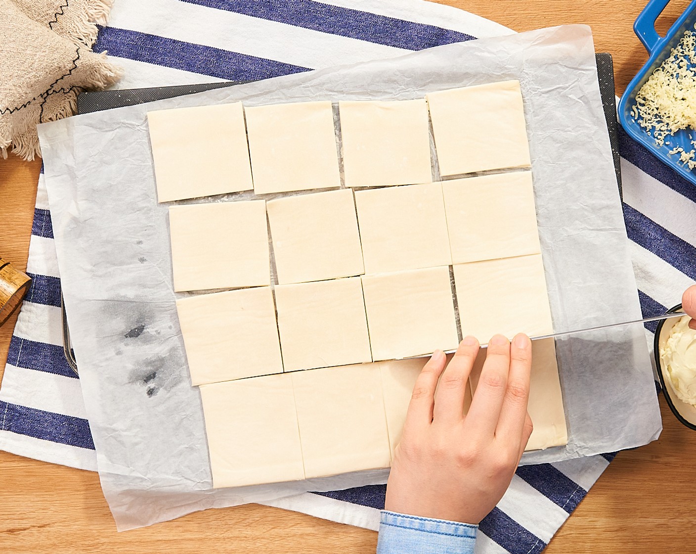 step 2 Cut the Puff Pastry (2 sheets) into an equal square of about 2.3x2.3-inches (6x6 cm). Set aside in the refrigerator.