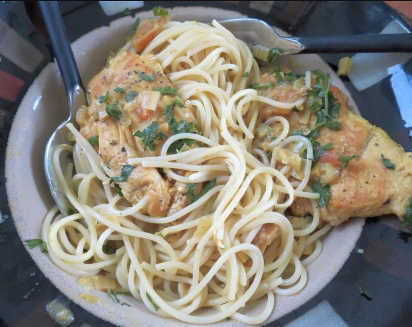step 9 Serve over Pasta (to taste) and top with some Fresh Parsley (1 handful). Enjoy!