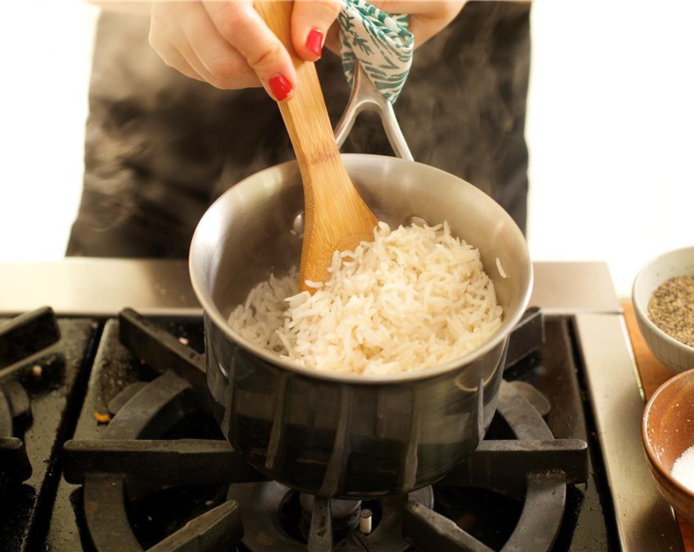 step 8 Add Water (1 cup) to a small saucepan. Add the Chicken Base (1 pckg) and Basmati Rice (2/3 cup). Stir.
