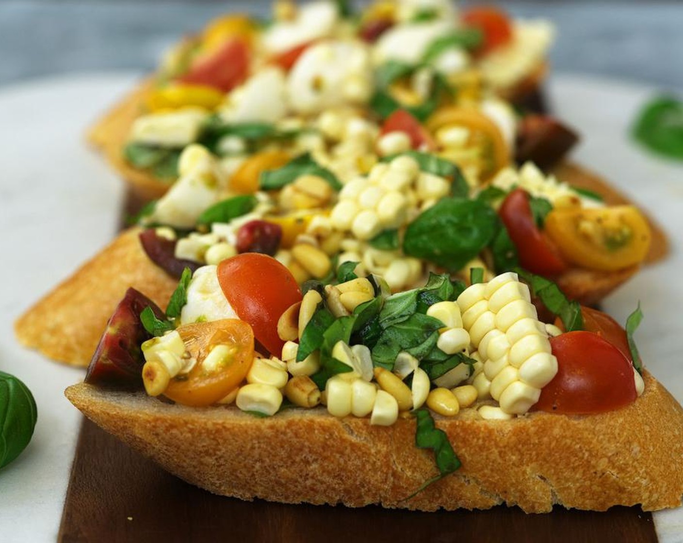 Corn, Tomato & Basil Mozzarella Bruschetta