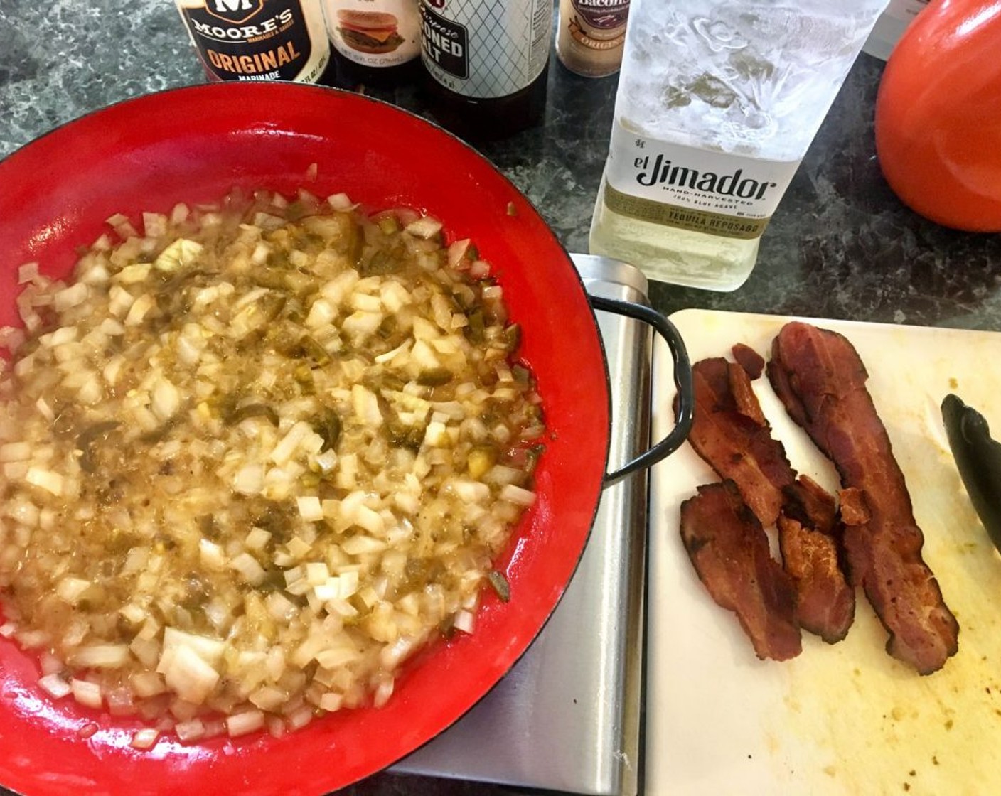 step 13 Add Cooked Bacon (8 oz) and Maple Flavored Butter (1/4 cup), stir and cover. Simmer for 5 minutes until slightly thickened, stirring, and turn heat off.