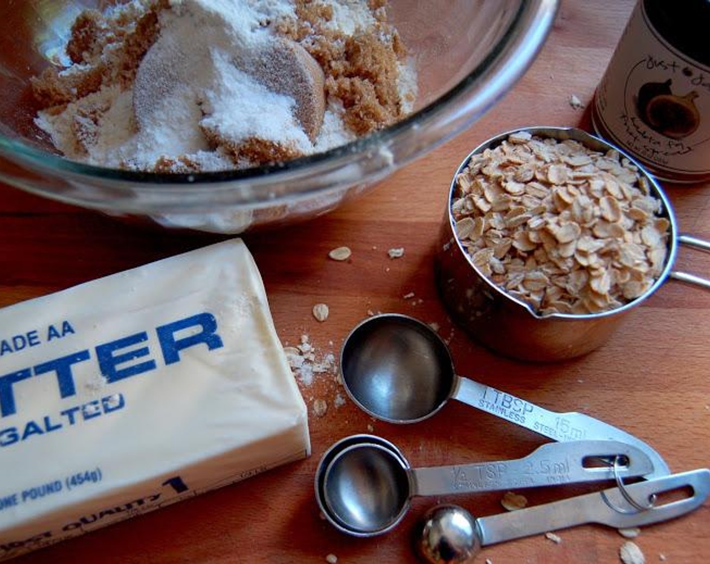 step 2 In a medium size bowl, mix together the All-Purpose Flour (1 1/2 cups), Baking Powder (1 tsp), Salt (1/4 tsp), Raw Old Fashioned Rolled Oats (2 cups), and Brown Sugar (1 cup)  Stir together to mix the dry ingredients.