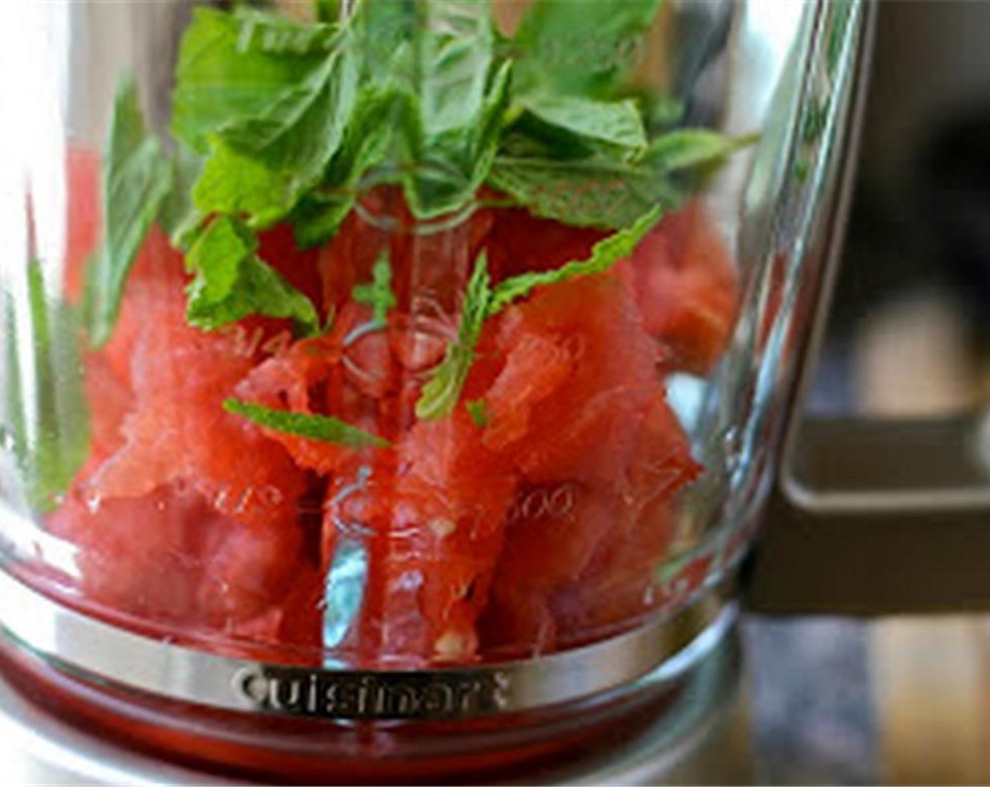 step 2 Combine watermelon (about 2-3 cups) with Fresh Mint Leaves (15) in a blender and process until smooth.