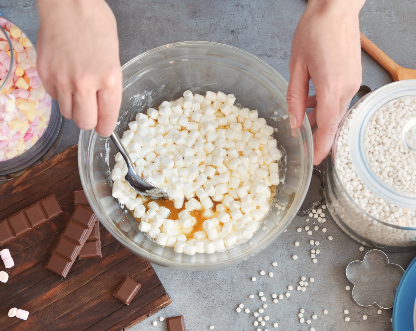 step 3 Add the Mini Marshmallows (5 2/3 cups) and Crispy Rice Cereal (6 cups). Stir until marshmallows are melted and cereal is coated.