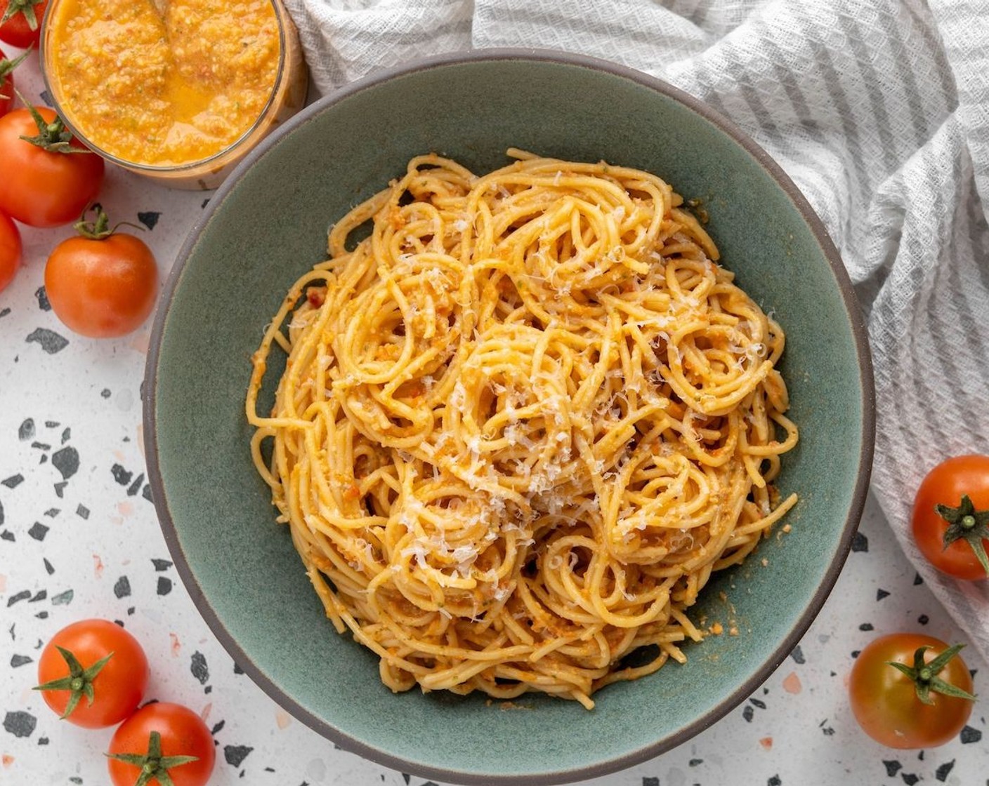 step 5 Optionally, top with a little drizzle of olive oil. Use tongs to mix well and add a little bit of pasta water if the sauce needs to be loosened a little. Enjoy while warm.