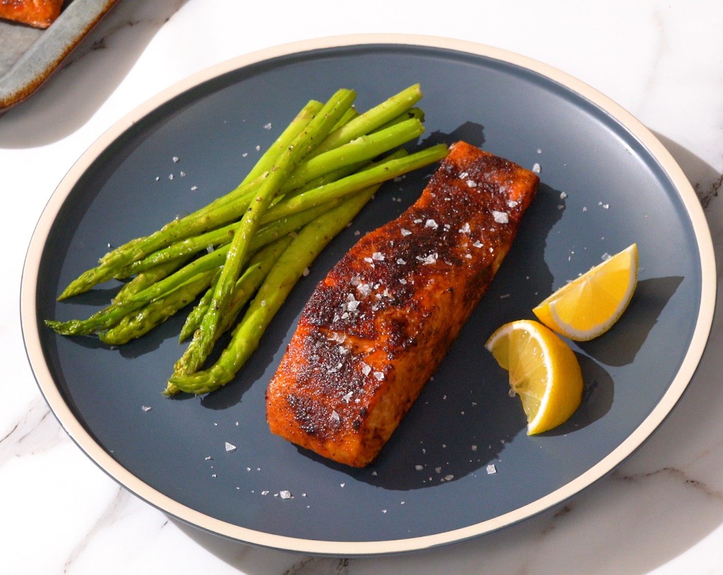 step 4 Transfer each salmon fillet to a serving plate. Serve with Mashed Potatoes (to taste), Asparagus (to taste), and a Lemon (1) on the side.