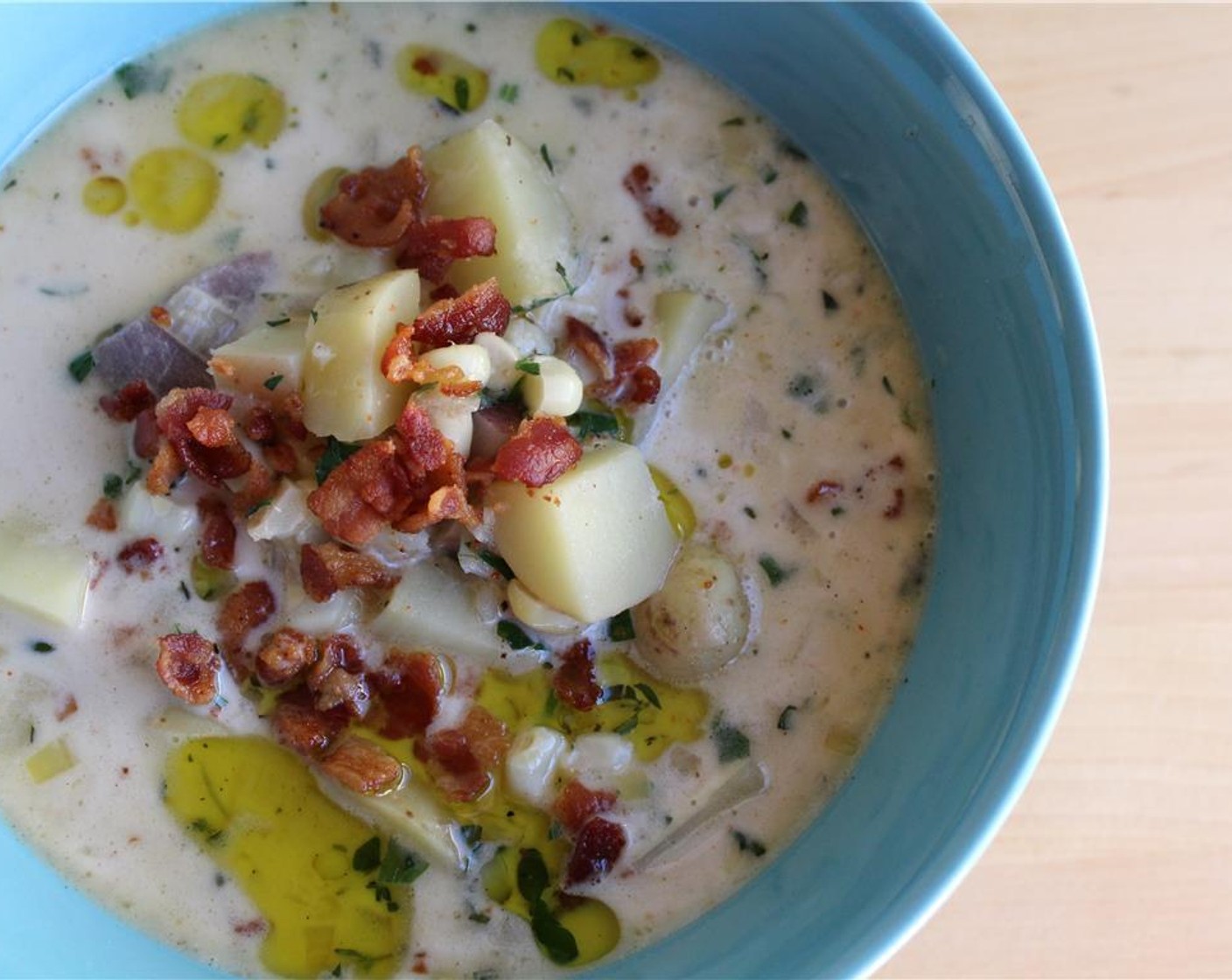 step 9 Turn off the heat and add Heavy Cream (1 cup). Stir well. Season with Fresh Herbs (1 handful), Fresh Thyme (to taste), Salt (to taste), Ground Black Pepper (to taste), Crushed Red Pepper Flakes (to taste), and a few drizzles of Extra-Virgin Olive Oil (to taste) Top with bacon.