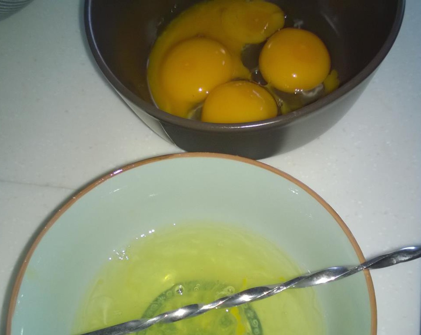 step 1 Separate Eggs (4) whites and yolks. Boil a pot of boiling water.