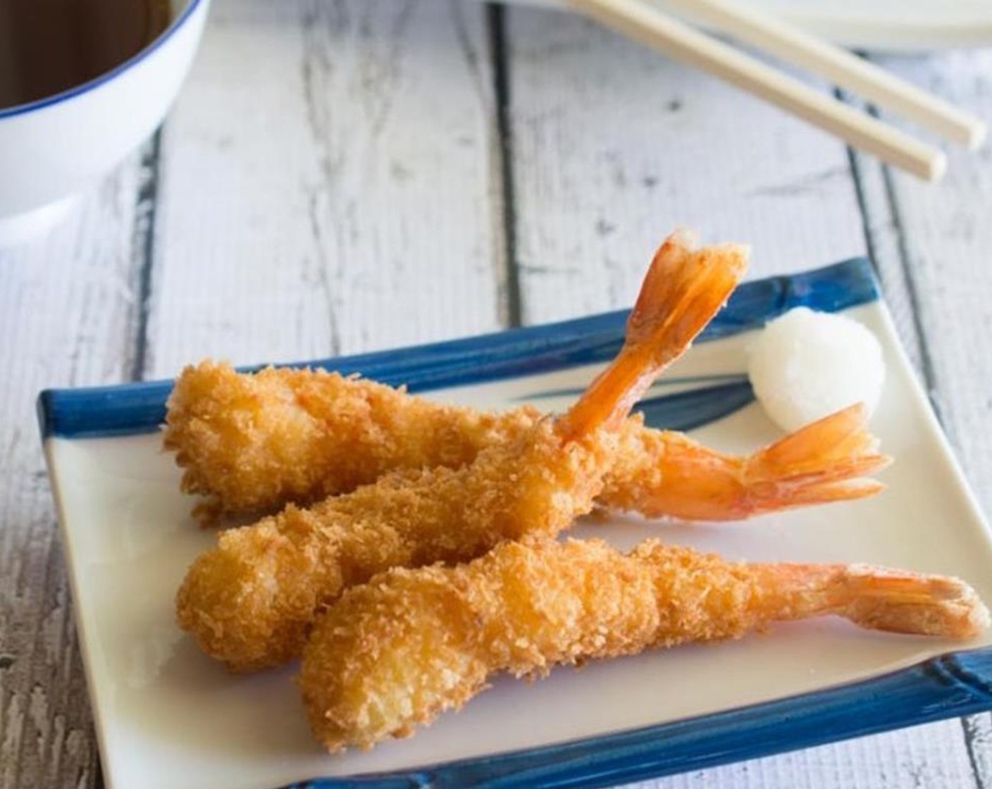 step 5 Fry each shrimp until golden brown. Serve Shrimp Tempura with dipping sauce, Scallion (1 Tbsp), and Daikon Radish (1/2 Tbsp) on the side.