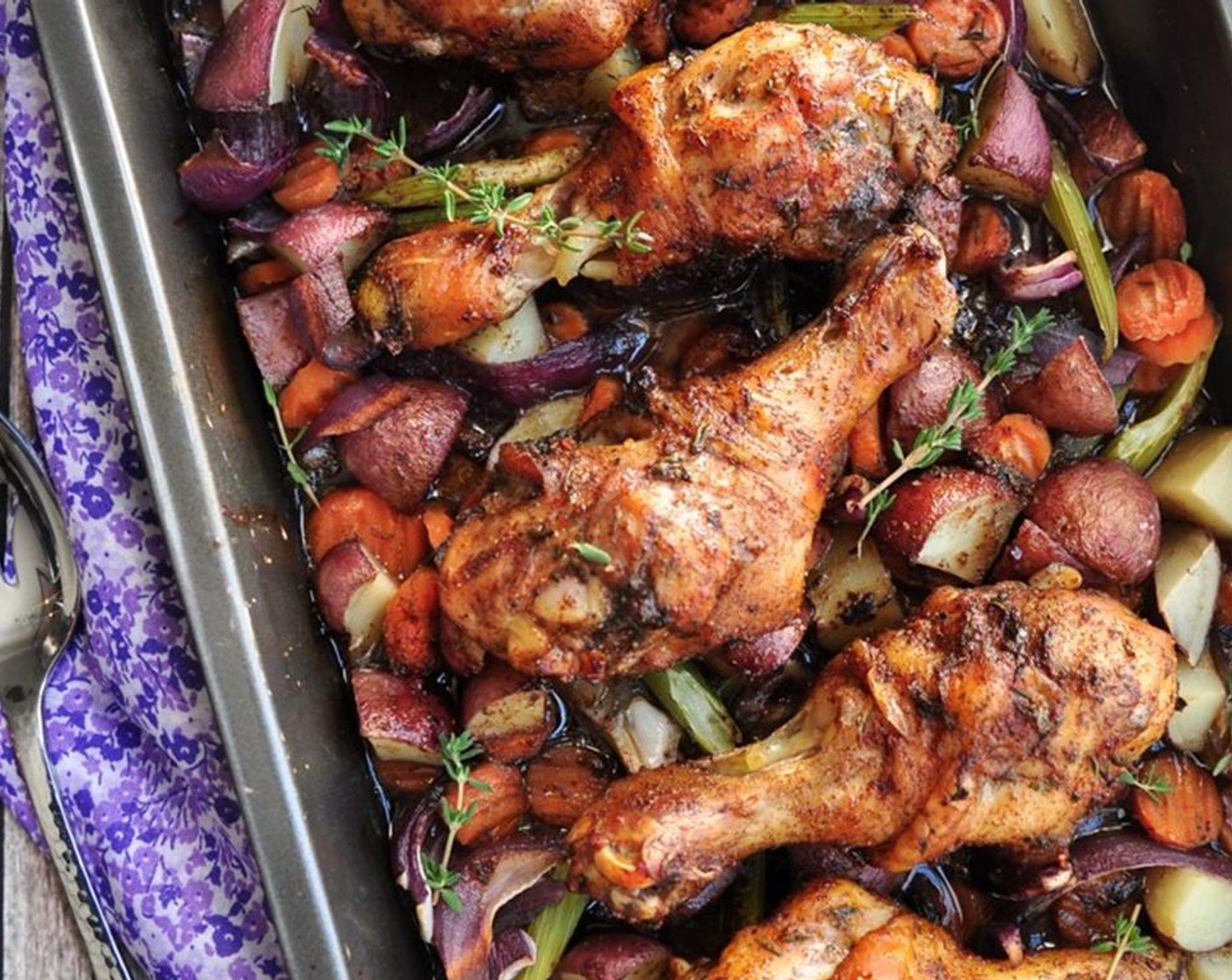 step 7 Pour the Reduced Sodium Chicken Broth (1 cup) over the veggies and sprinkle with the Fresh Thyme Leaves (1 Tbsp). Now, lay chicken on top of the veggies. Scrape off any remaining marinade into the pan. Bake for 60 minutes. Turn once halfway through.