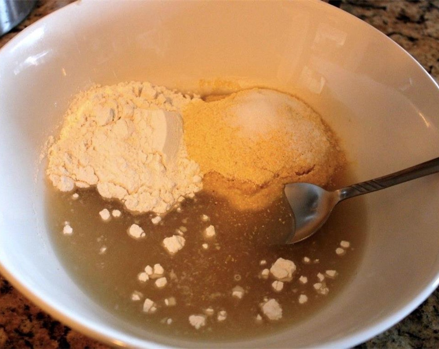 step 2 Add the All-Purpose Flour (1/2 cup), Cornmeal (1/2 cup), Granulated Sugar (1 pinch), and Salt (1 pinch).