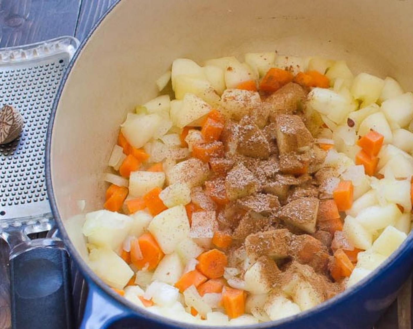 step 2 Saute until softened and onions are slightly translucent (do not brown, adjust heat lower if vegetables start to take on color). Add the Ground Cinnamon (1/2 tsp) and Ground Nutmeg (1/4 tsp) and cook for an additional minute or so until very fragrant.