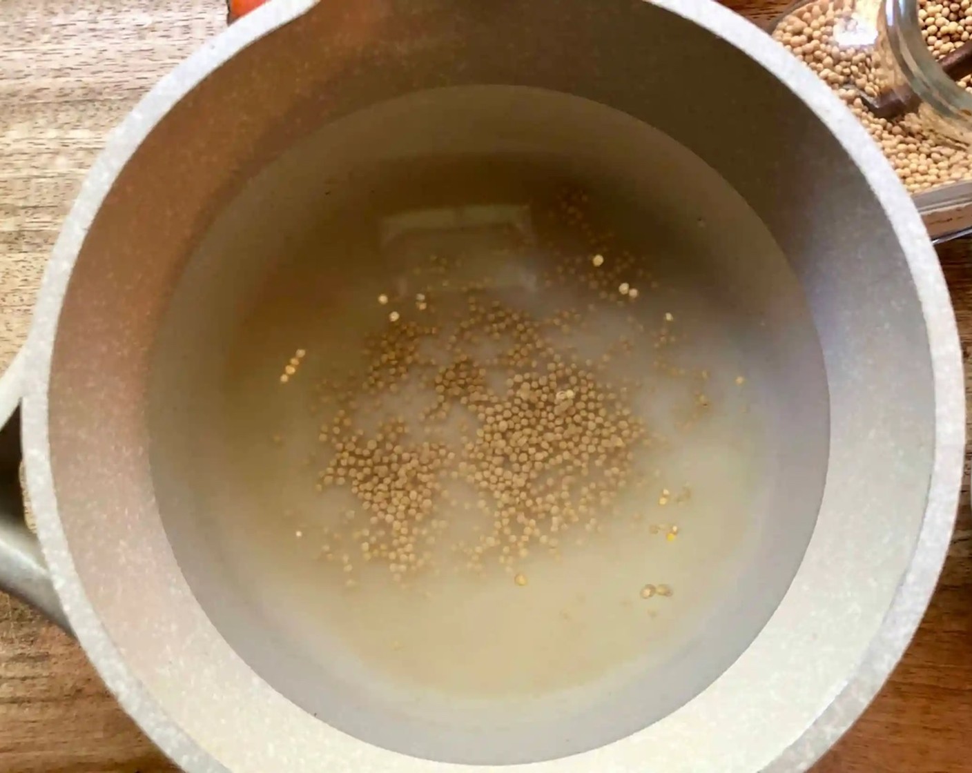 step 3 Combine Water (1 1/2 cups), Distilled White Vinegar (1 1/2 cups), Granulated Sugar (2 Tbsp), Salt (1 Tbsp), and Mustard Seeds (1 tsp) in a small pot. Bring to a boil over high heat, stirring occasionally to be sure the sugar and salt are completely dissolved.