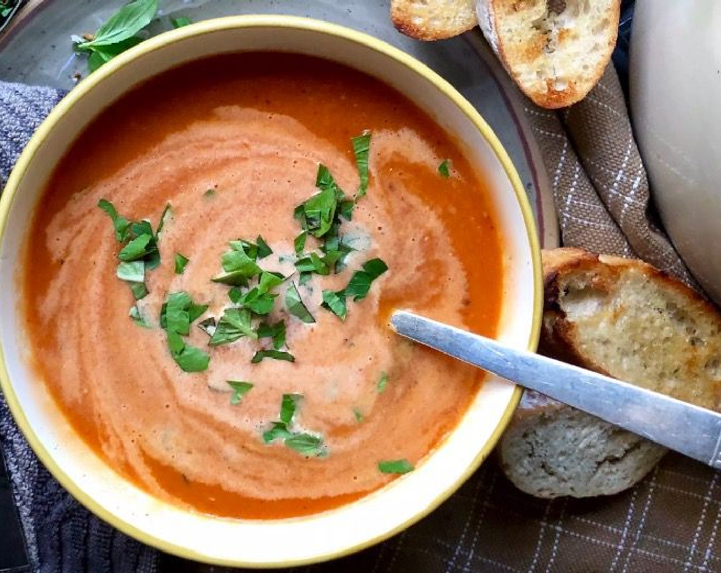 step 10 Stir in the Fresh Basil (2 Tbsp) and Fresh Parsley (2 Tbsp). For a creamier consistency, add Kemps Half & Half (to taste). You can also serve the soup as it is with the cream on the side to be added, if desired, to individual servings.