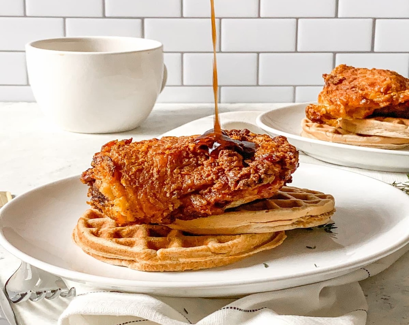 step 8 Serve 1-2 waffles with 1-2 pieces of chicken and pour maple butter sauce on top. Enjoy!
