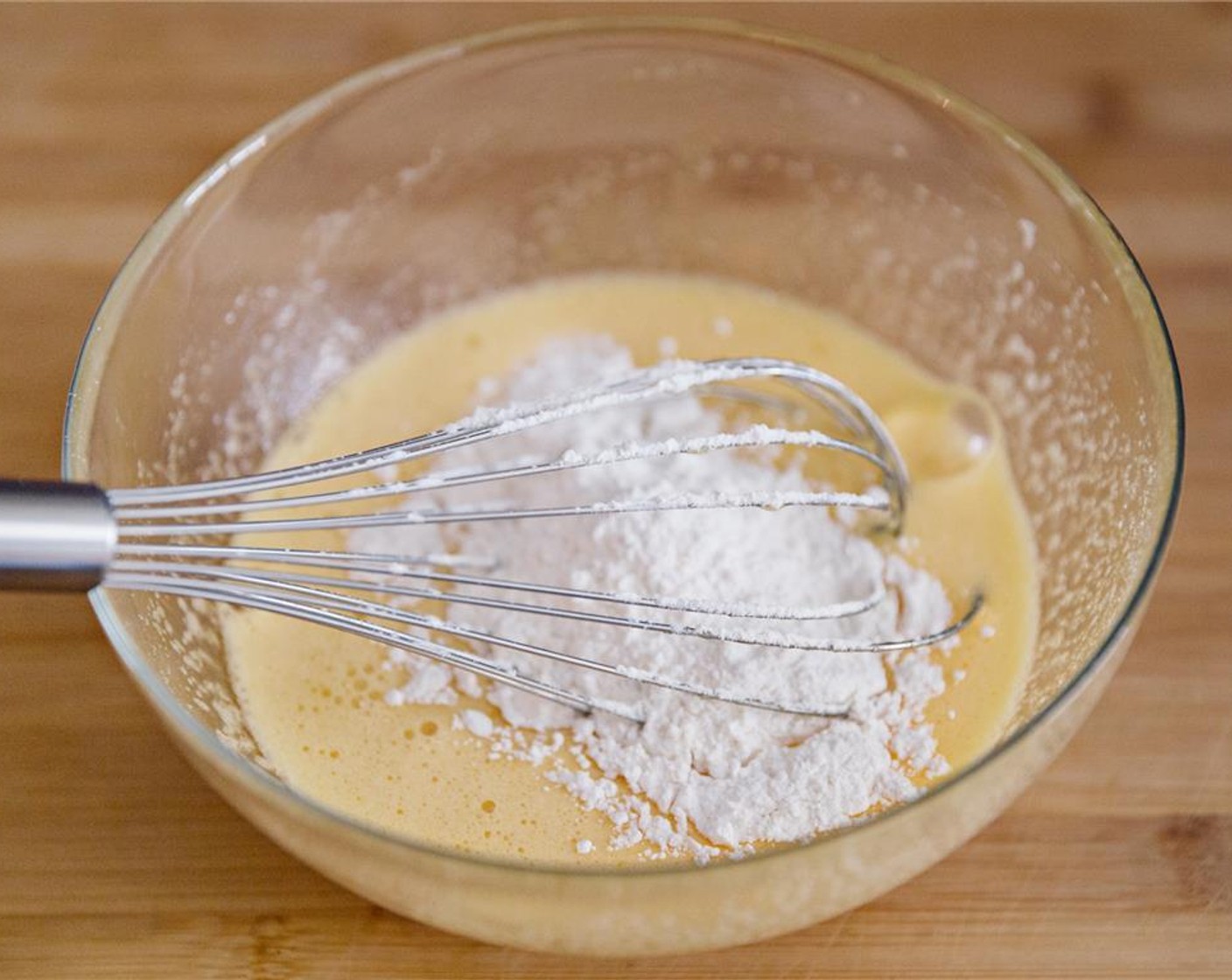 step 3 Add the All-Purpose Flour (2 Tbsp), Salt (1 pinch) and Corn Flour (2 Tbsp) to the egg mixture, whisk well until all combined.