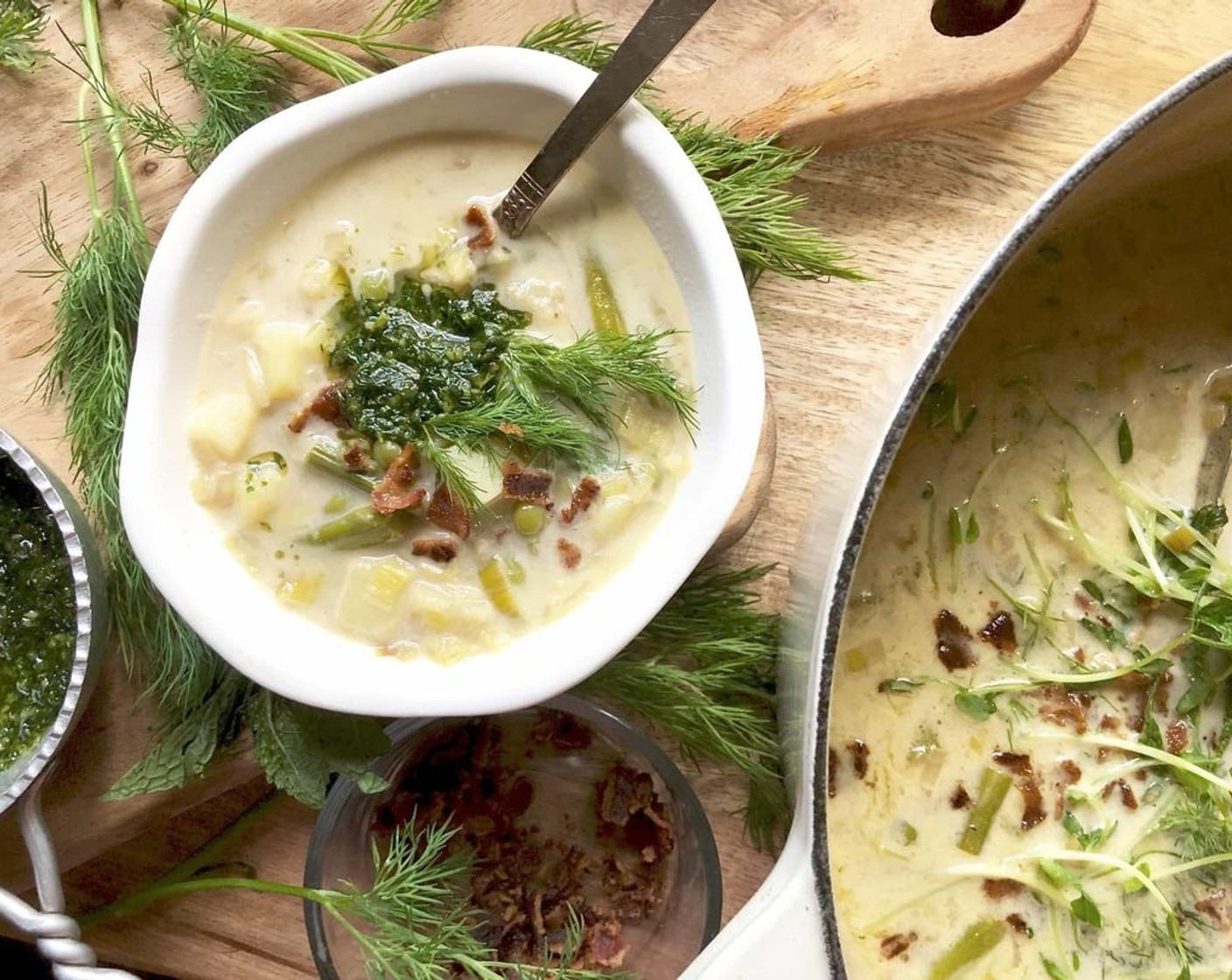 step 4 If desired, stir in the Heavy Cream (1/2 cup) heat through. Season to taste with salt & pepper. Top with crumbled bacon, Asparagus (2/3 cup) and fresh herbs.