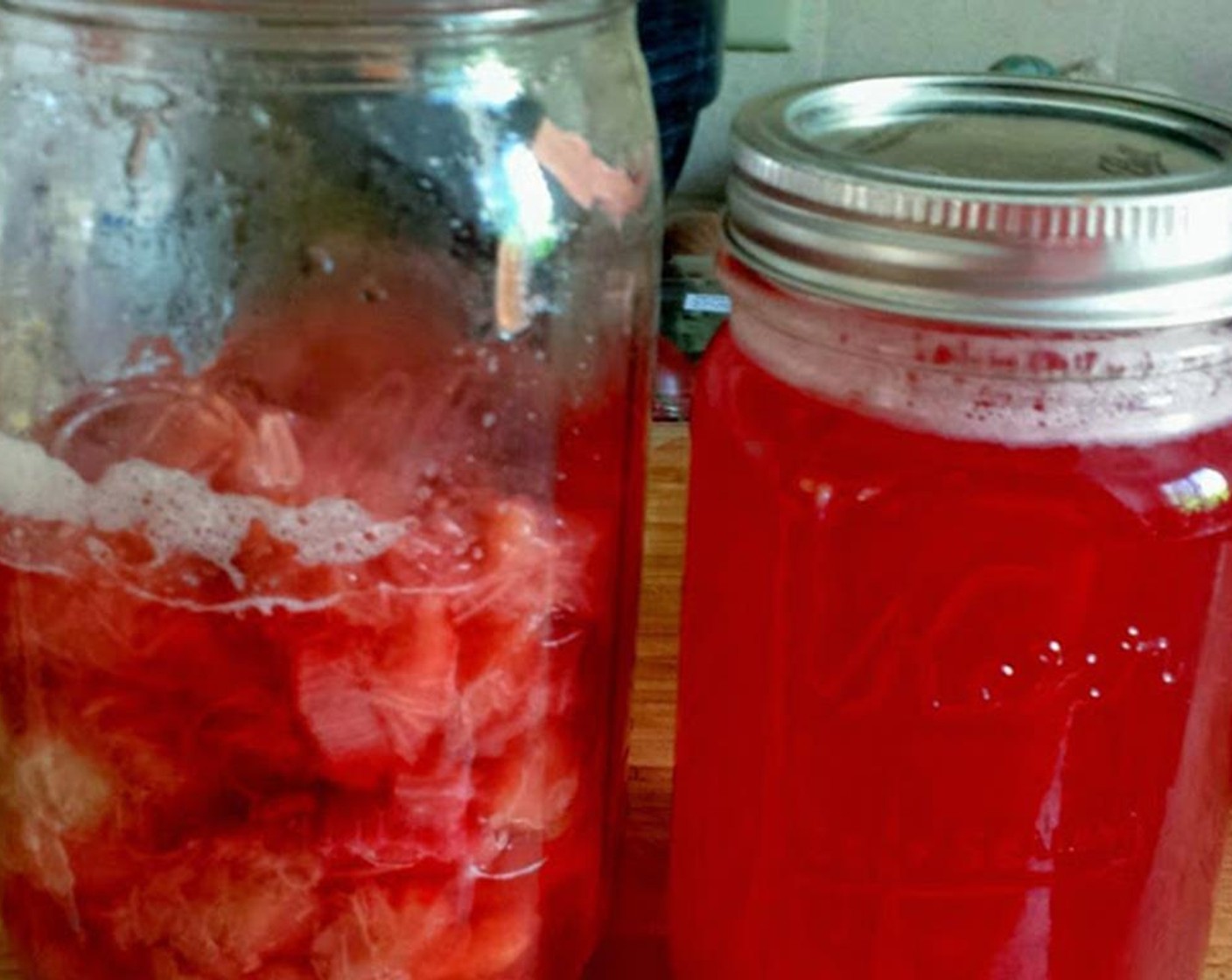 step 2 Set a mesh strainer over a bowl.  Pour the rhubarb through the strainer until most of the liquid is in the bowl.  Press the solids a bit with the back of a spoon to extract more syrup.
Pour into a clean jar.  Refrigerate.