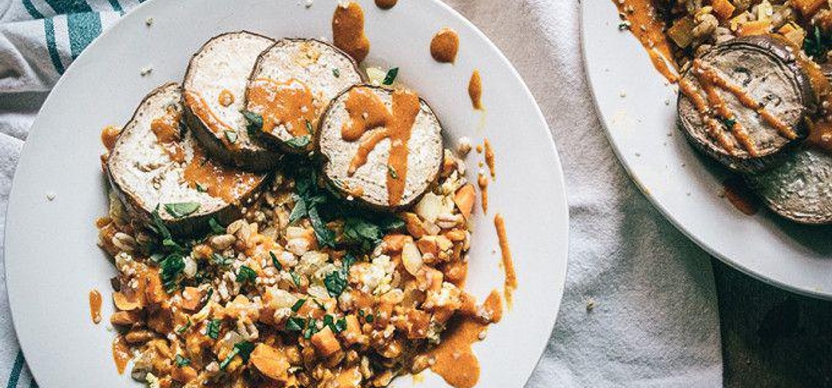 Asian Fried Farro with Roasted Eggplant Recipe | SideChef