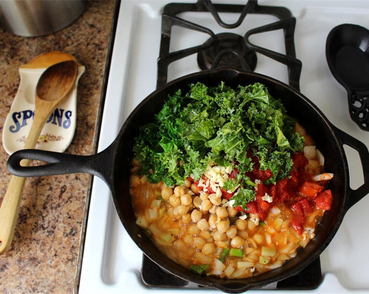 step 2 Add Garlic (2 cloves), Tomato (1 cup), Canned Chickpeas (1 cup), and Chard (2 cups).