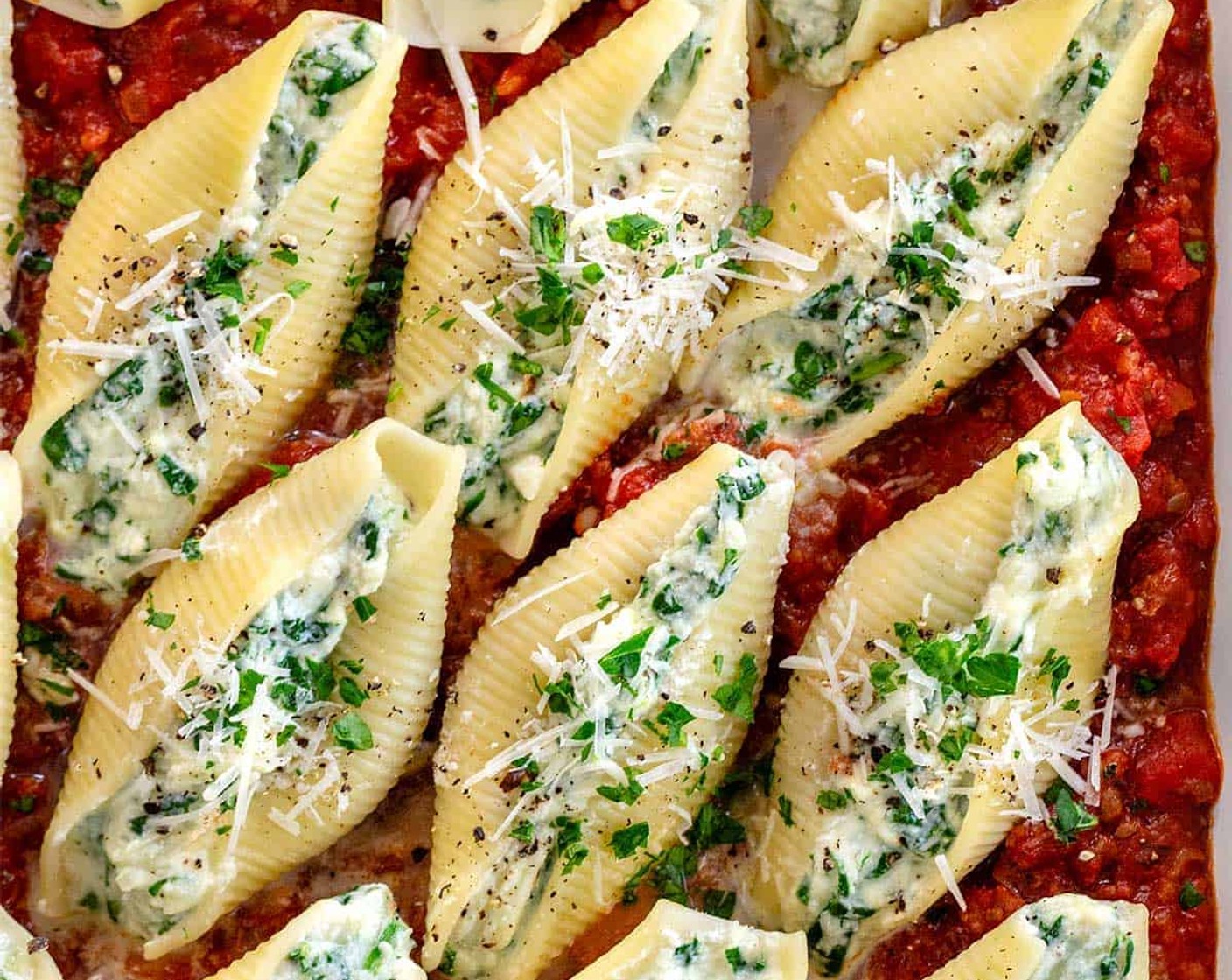 Spinach and Cheese Stuffed Shells with Meat Sauce