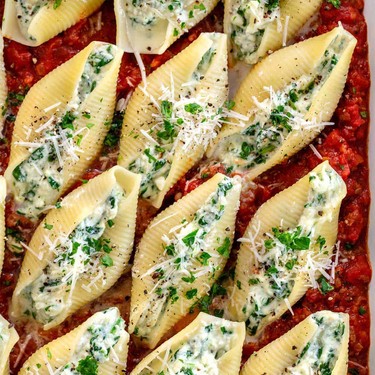 Spinach and Cheese Stuffed Shells with Meat Sauce Recipe | SideChef