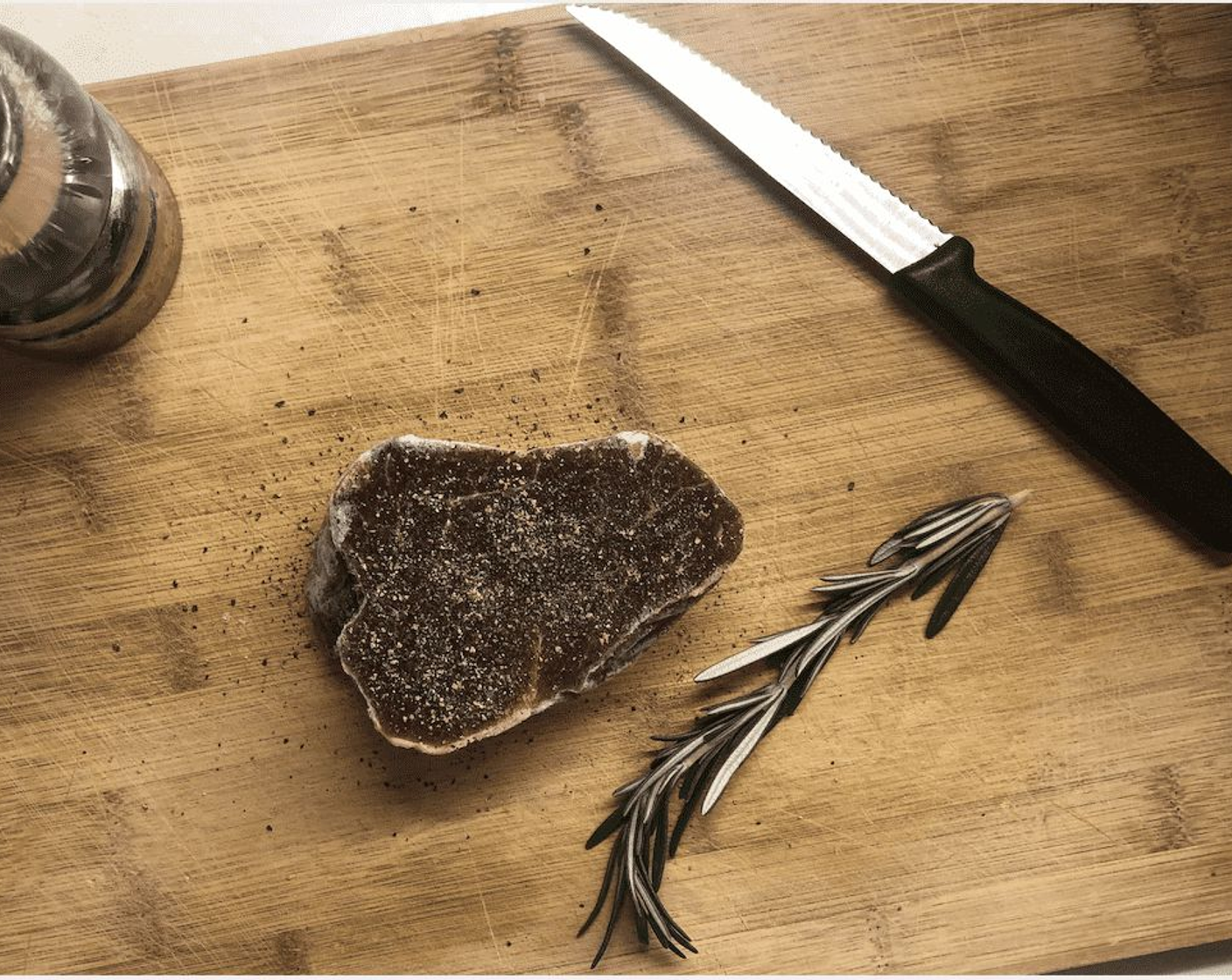 step 1 Season the Rib Eye Steak (7 oz) with Sea Salt Flakes (to taste) and Freshly Ground Black Pepper (to taste).