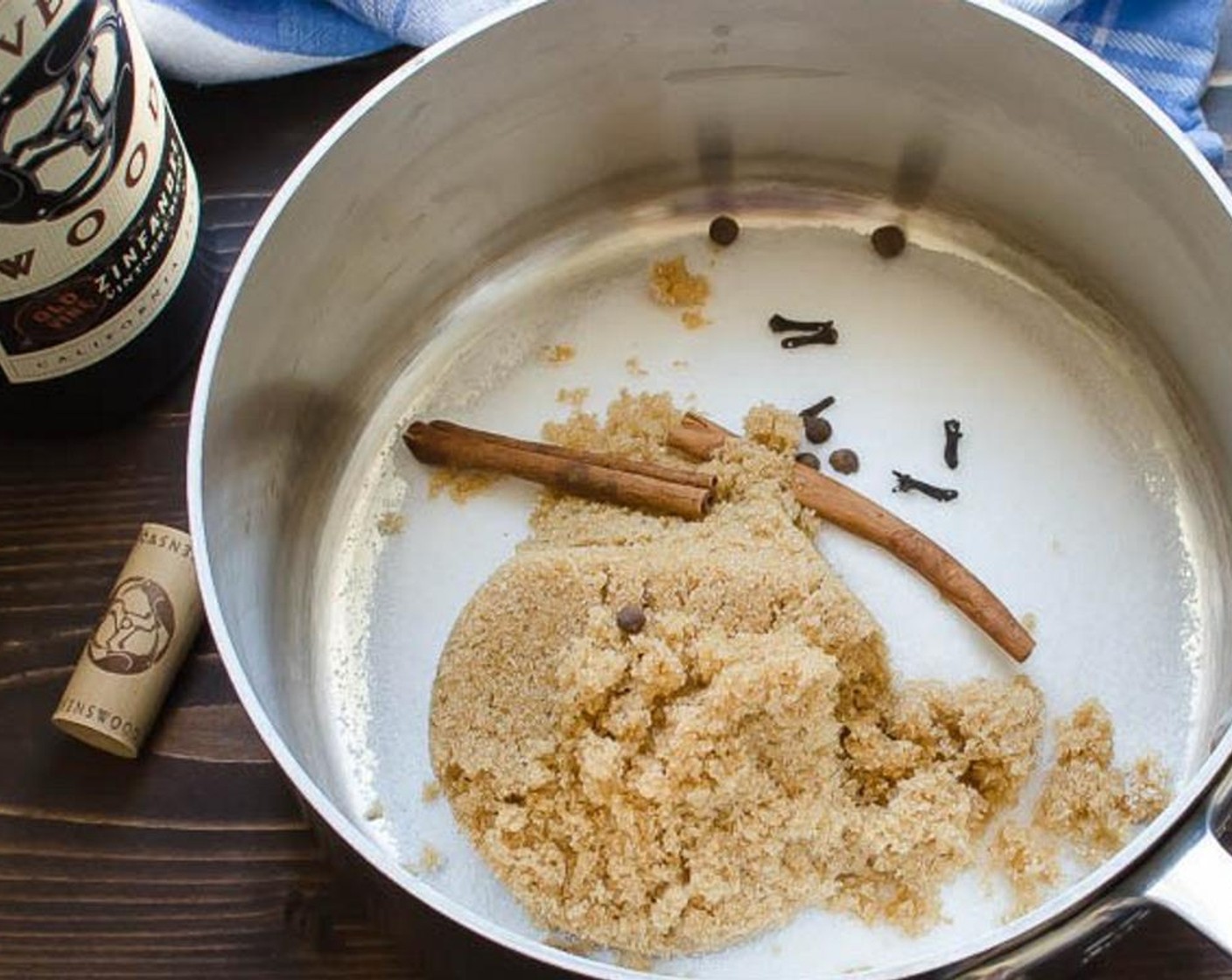 step 1 Into a medium saucepan, combine the Brown Sugar (1 cup), Granulated Sugar (3/4 cup), Whole Cloves (6), Whole Allspice (6), Cinnamon Sticks (2), Orange (1), and Red Wine (1 1/2 cups).