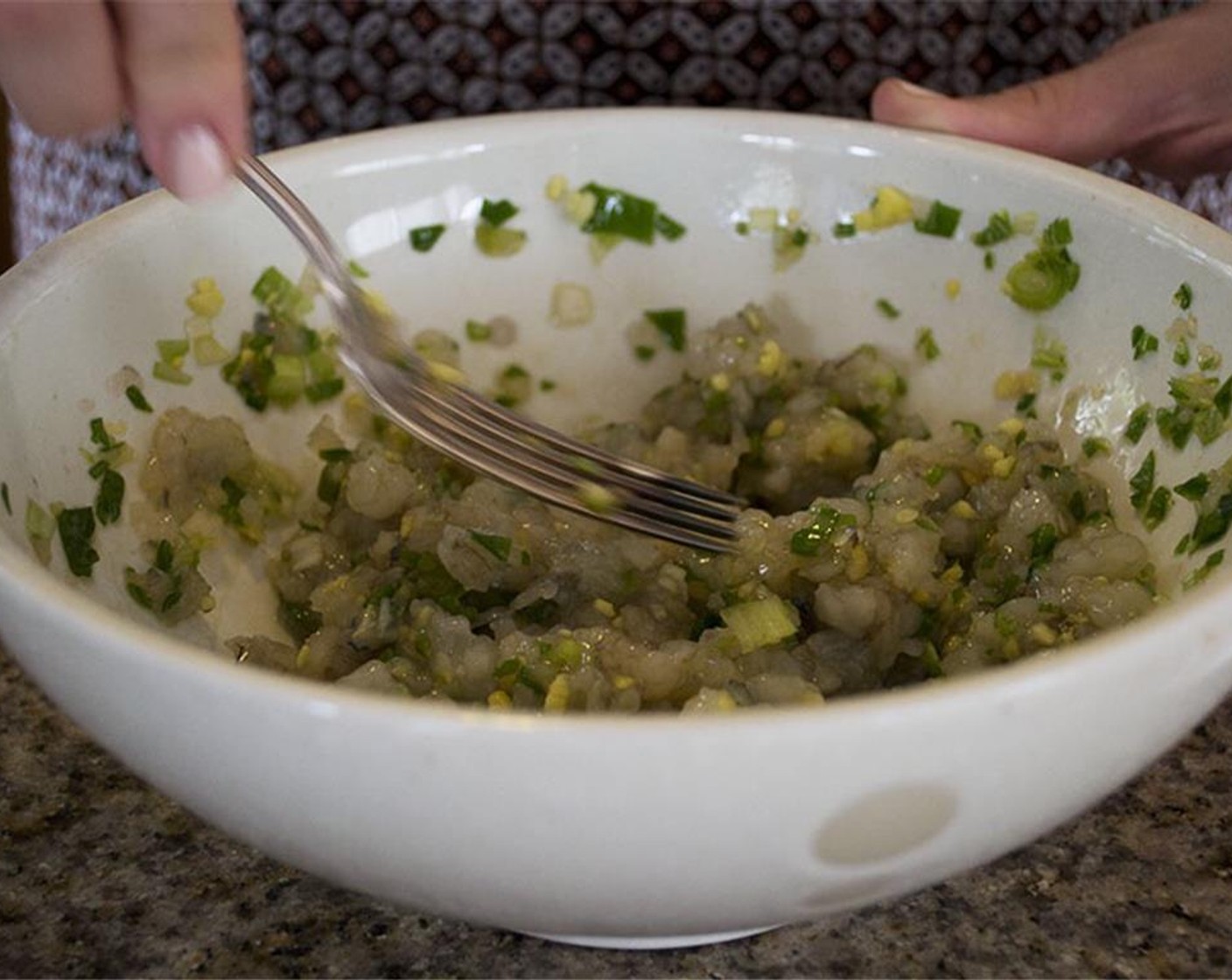 step 8 Combine the minced or pureed shrimp, thai chili, scallion, and ginger in a bowl. Season to taste with Granulated Sugar (1 Tbsp) and Fish Sauce (1 Tbsp).