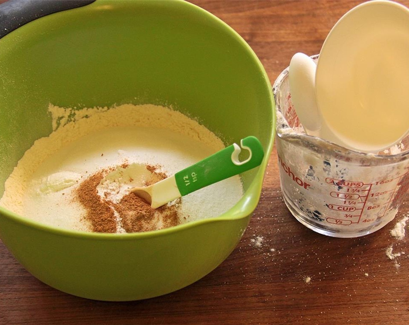 step 4 In a bowl, combine dry ingredients - All-Purpose Flour (2 cups), Granulated Sugar (1 cup), Baking Powder (1/2 tsp), Baking Soda (1/2 tsp), Salt (1/2 tsp), Ground Cinnamon (1/8 tsp), and Ground Nutmeg (1/4 tsp).