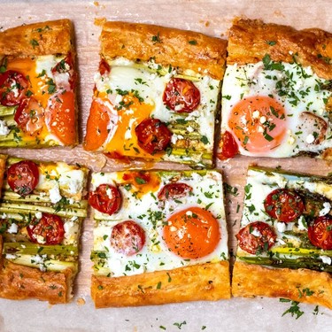 Asparagus Galette with Cherry Tomato and Baked Egg Recipe | SideChef