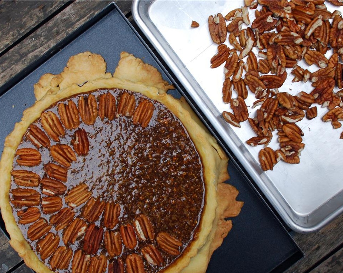 step 14 Pour the mixture into the prebaked pastry case and arrange the Pecans (1 cup) on top. Place in the oven for 15 minutes, or until the filling sets with the slightest of wobbles in the middle.