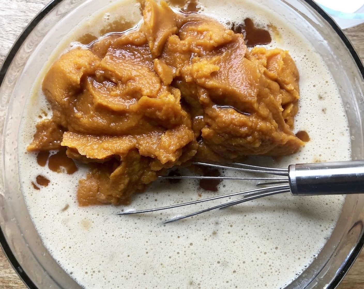 step 8 In a large bowl, whisk the Eggland's Best Classic Eggs (6), Granulated Sugar (1 cup) and Dark Brown Sugar (1/2 cup) to combine. Whisk in the Heavy Cream (1 cup), then the Canned Pumpkin Purée (3 3/4 cups) and Pure Vanilla Extract (2 tsp). Add the Simply Organic Cinnamon, Ground (1 Tbsp), Ground Ginger (2 tsp), Ground Allspice (1 tsp), Ground Nutmeg (1/2 tsp) and Fine Sea Salt (1/2 tsp) and whisk to combine.