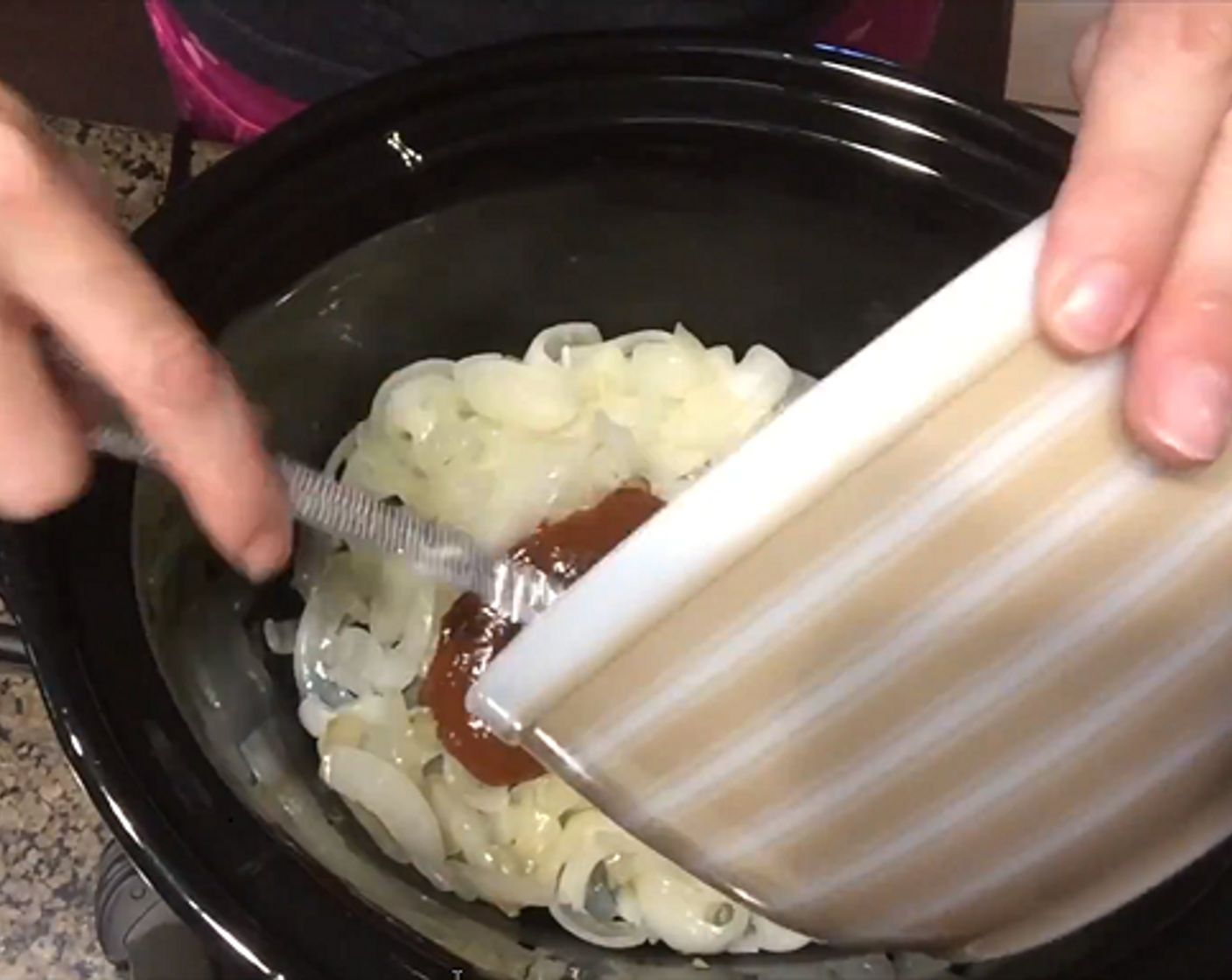 step 3 Add onions to Crockpot. Pour barbecue sauce mixture over onions and mix well.