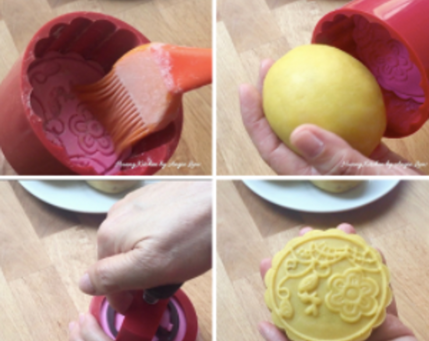 step 10 Next, mould the mooncake. Dust a little flour on the mooncake mould. Place the stuffed round mooncake into the mould. Turn it UPRIGHT on a smooth surface. Then press the plunger down until you feel resistance. Lift the mooncake mould off the surface and use the plunger to push the mooncake out.