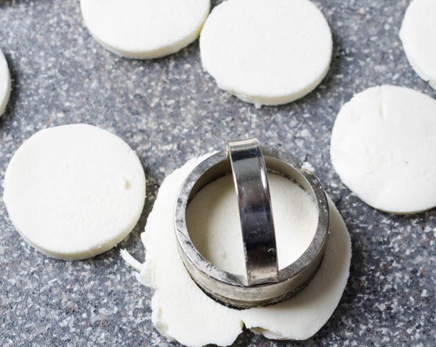 step 6 Slice the Fresh Mozzarella Cheese Ball (2 2/3 cups) into 1/4-inch slices. If you'd like a more uniform look - use a small 2-inch biscuit cutter to cut the mozzarella into rounds (the leftover bits are for the chef to enjoy).