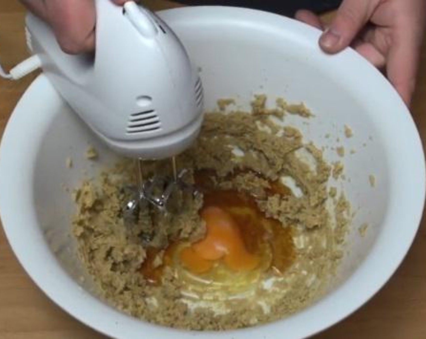 step 1 Using an electric mixer, mix together the Butter (1/2 cup) and Brown Sugar (2/3 cup). Then add in the Egg (1), and Maple Syrup (1/4 cup). Mix everything together.