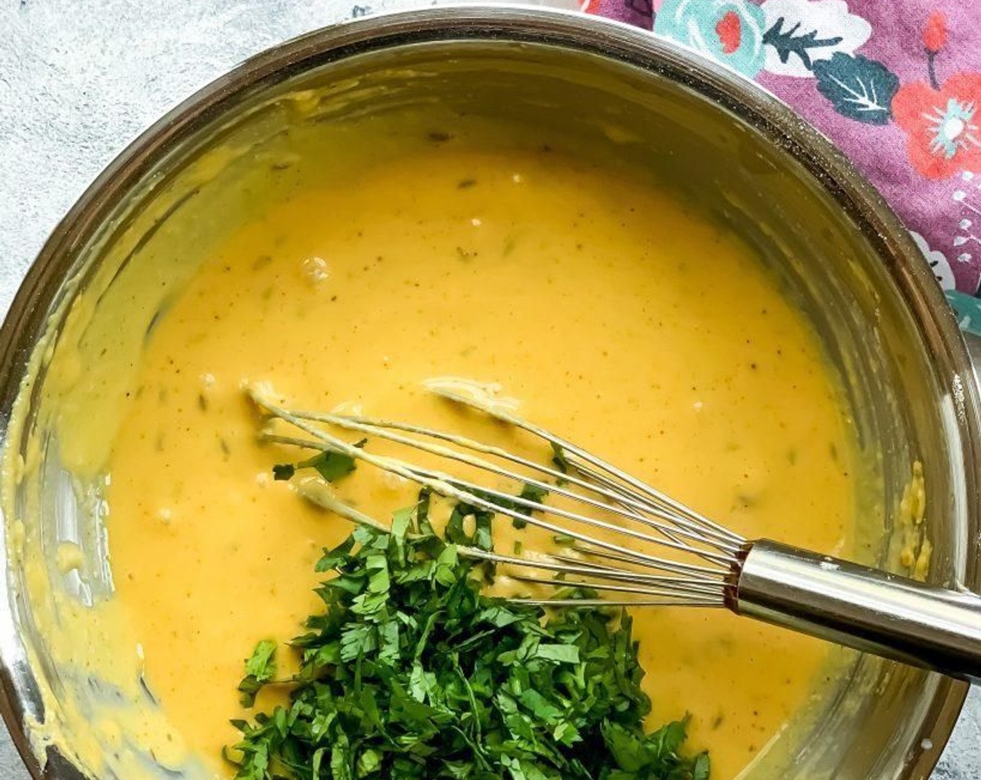 step 5 Add Fresh Cilantro (2 Tbsp) and whisk again. The final batter will be slightly thin, but still thick enough to lightly coat the back of a spoon.