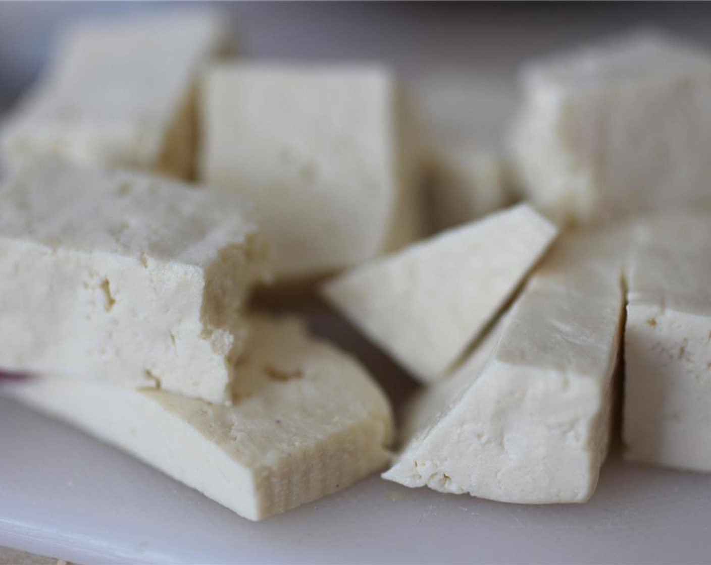 step 2 When the tofu is drained, go ahead and cut it up into different bite-sizes. I tried to mimic the lobster a bit here rather than make perfect squares out of the tofu.