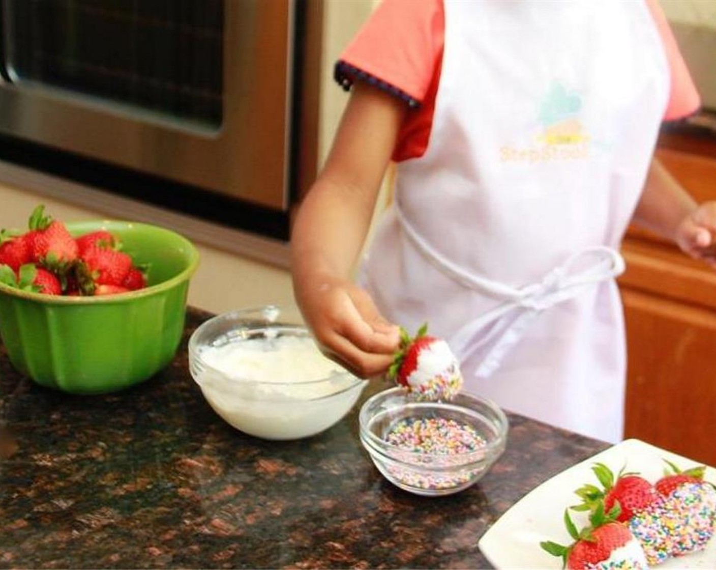 step 3 Dip the yogurt covered strawberry in small bowl of Sprinkles (1/3 cup).