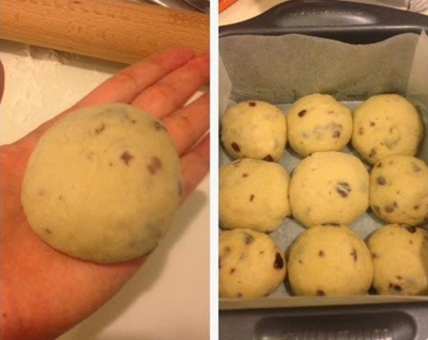 step 8 Transfer the dough onto a slightly floured bench top, press the dough down to get the air out. Cut into 9 pieces. Use a rolling pin, roll each piece flat and fold it like a dumpling to make a ball like dough.