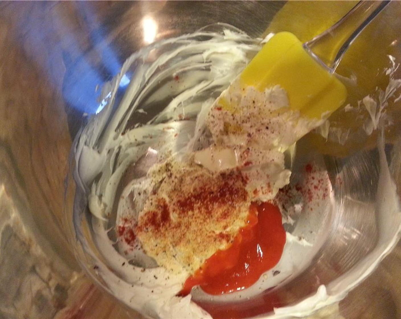 step 7 Add the Mayonnaise (1/2 cup), onion, pimento, Paprika (1/8 tsp), McCormick® Garlic Powder (1/4 tsp), Kosher Salt (1 pinch), and Sriracha (1 tsp). Mix together and taste to see if it needs more of anything.