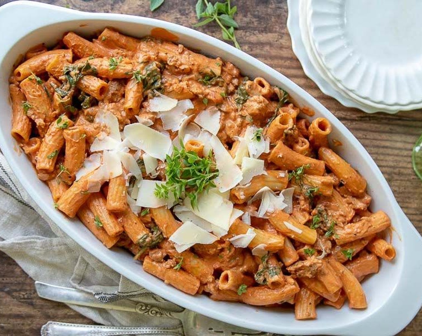 step 4 If the skillet is large enough, add cooked pasta to sausage sauce and stir gently to coat. Otherwise, add pasta to a serving bowl or casserole dish and pour the sauce over it. Stir to combine.