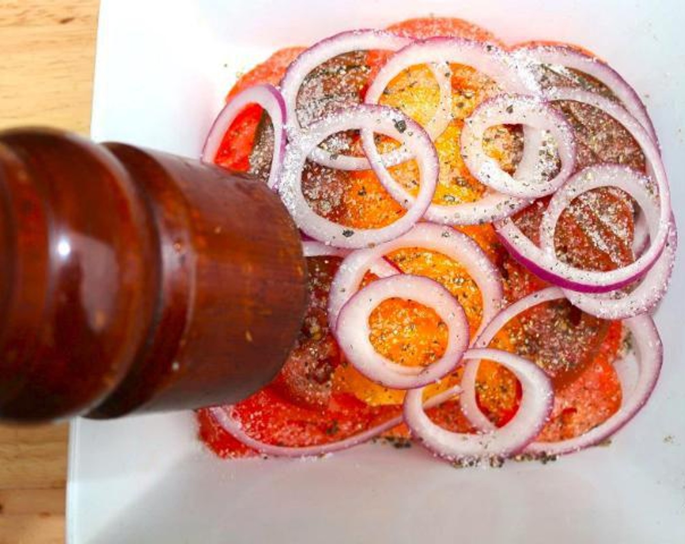 step 6 Top tomatoes with Onions (to taste) rings, season with Kosher Salt (to taste), Finely Ground Black Pepper (to taste), Extra-Virgin Olive Oil (as needed), and White Balsamic Vinegar (to taste) marinade for at least 2 hours.